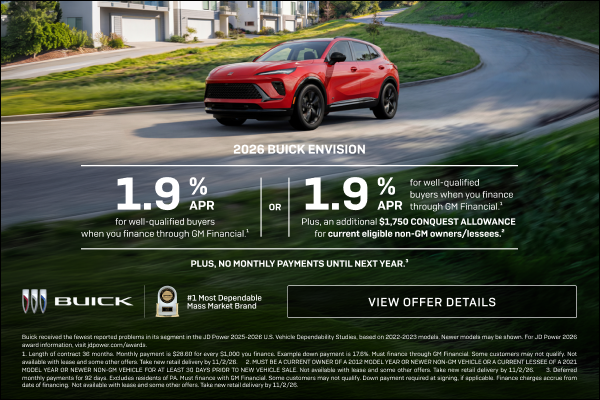 1.9% APR 
FOR WELL-QUALIFIED BUYERS when you finance through GM Financial.1

Or

1.9% APR 
FOR WE...