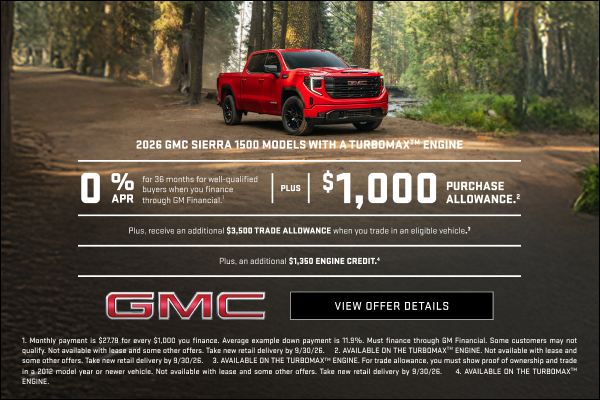 0% APR FOR 36 MONTHS for well-qualified buyers when you finance through GM Financial.1

Plus, $1,...